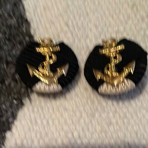 Gold and Navy Blue Nautical Anchor Earrings Vintage